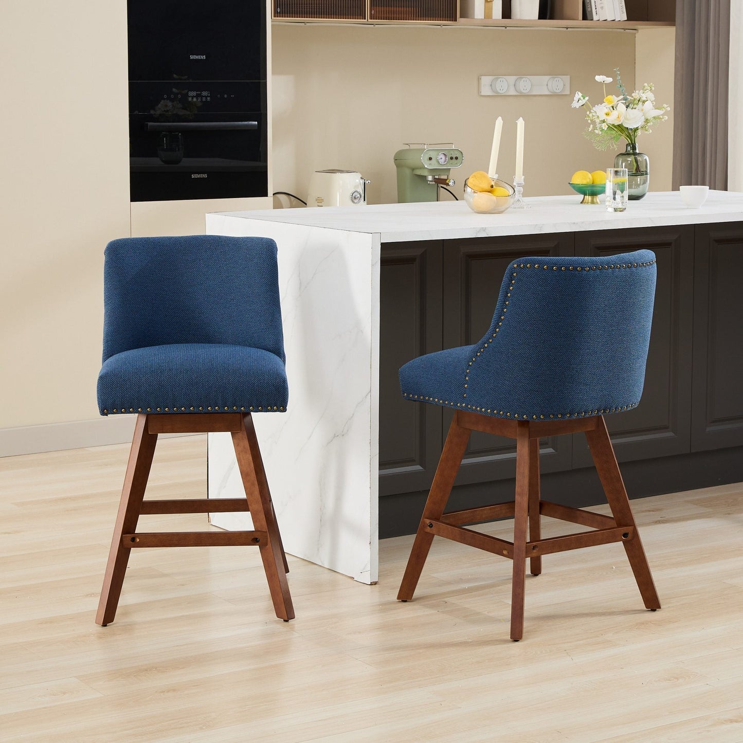 Blue Fabric Swivel Bar Stools Set of 2 | 26” Counter Height Chairs with Wood Frame - 1st Choice Furniture Direct