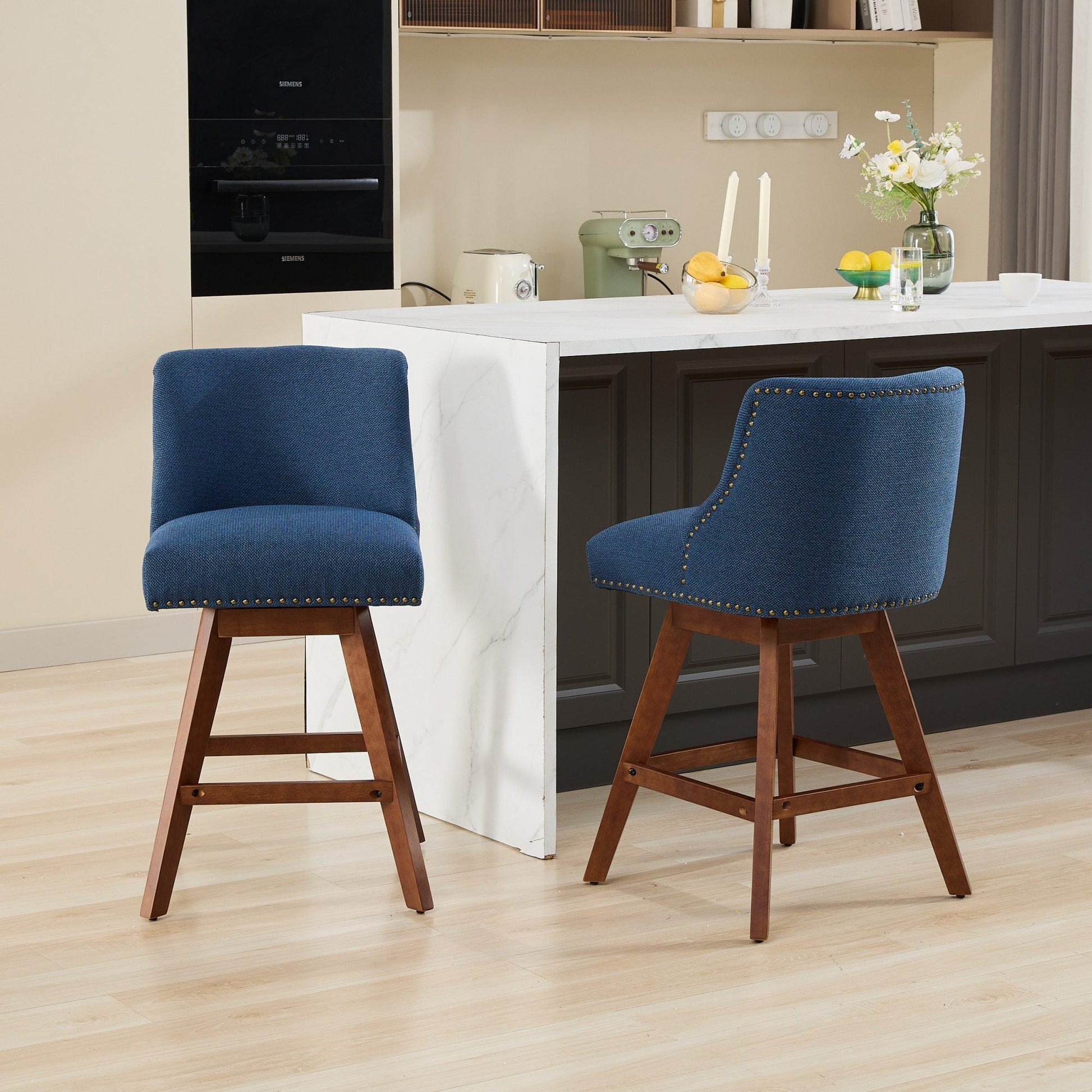 Blue Fabric Swivel Bar Stools Set of 2 | 26” Counter Height Chairs with Wood Frame - 1st Choice Furniture Direct