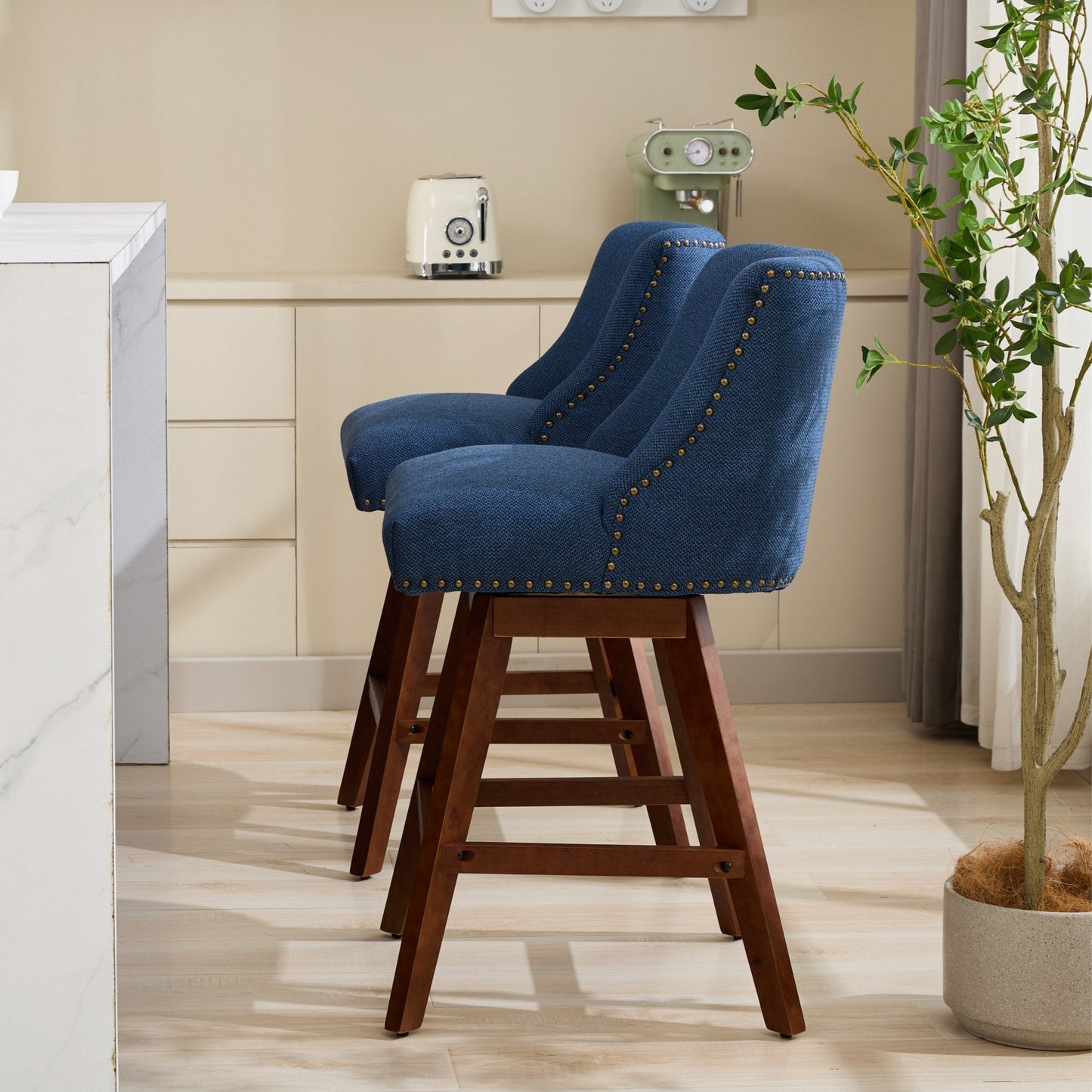 Blue Fabric Swivel Bar Stools Set of 2 | 26” Counter Height Chairs with Wood Frame - 1st Choice Furniture Direct