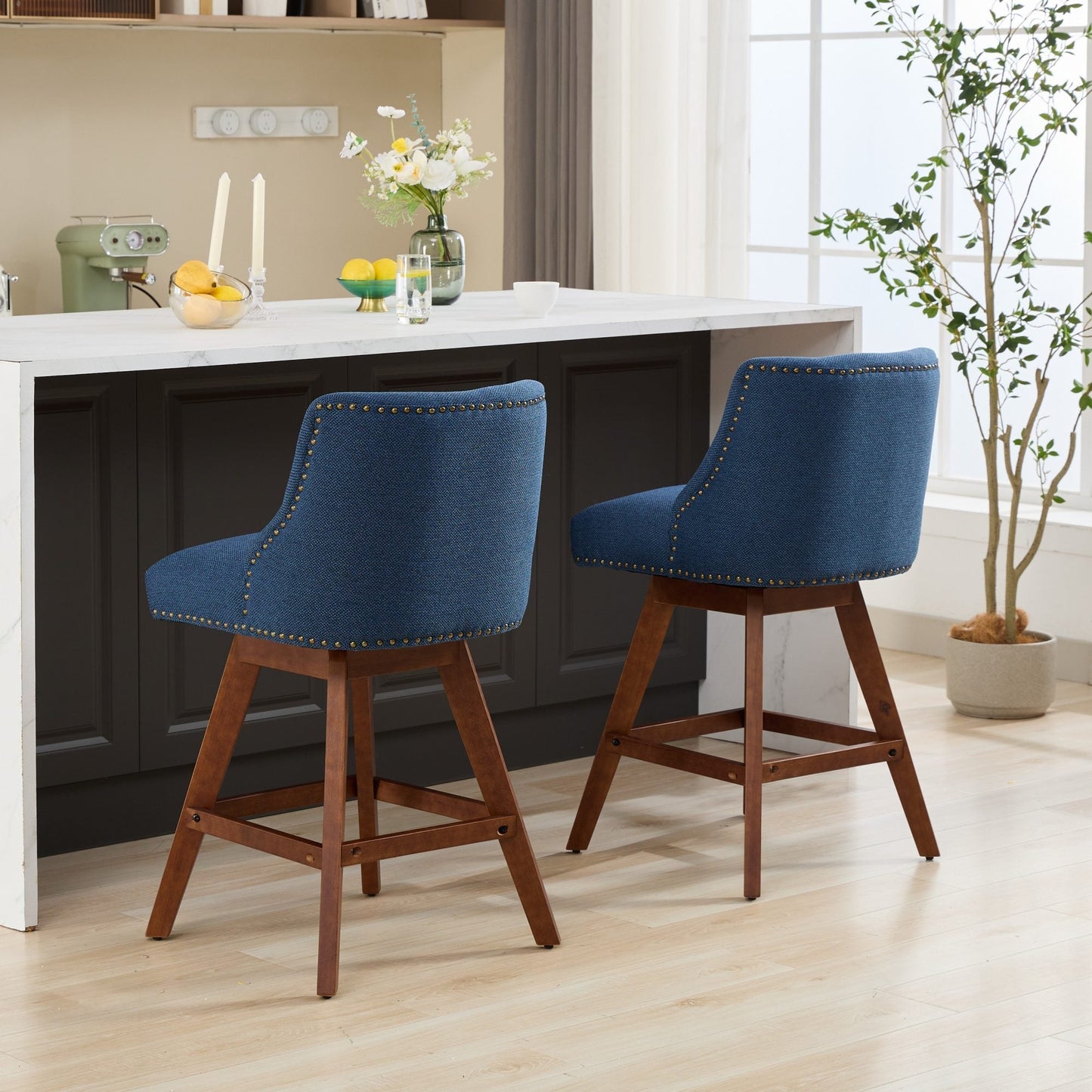 Blue Fabric Swivel Bar Stools Set of 2 | 26” Counter Height Chairs with Wood Frame - 1st Choice Furniture Direct