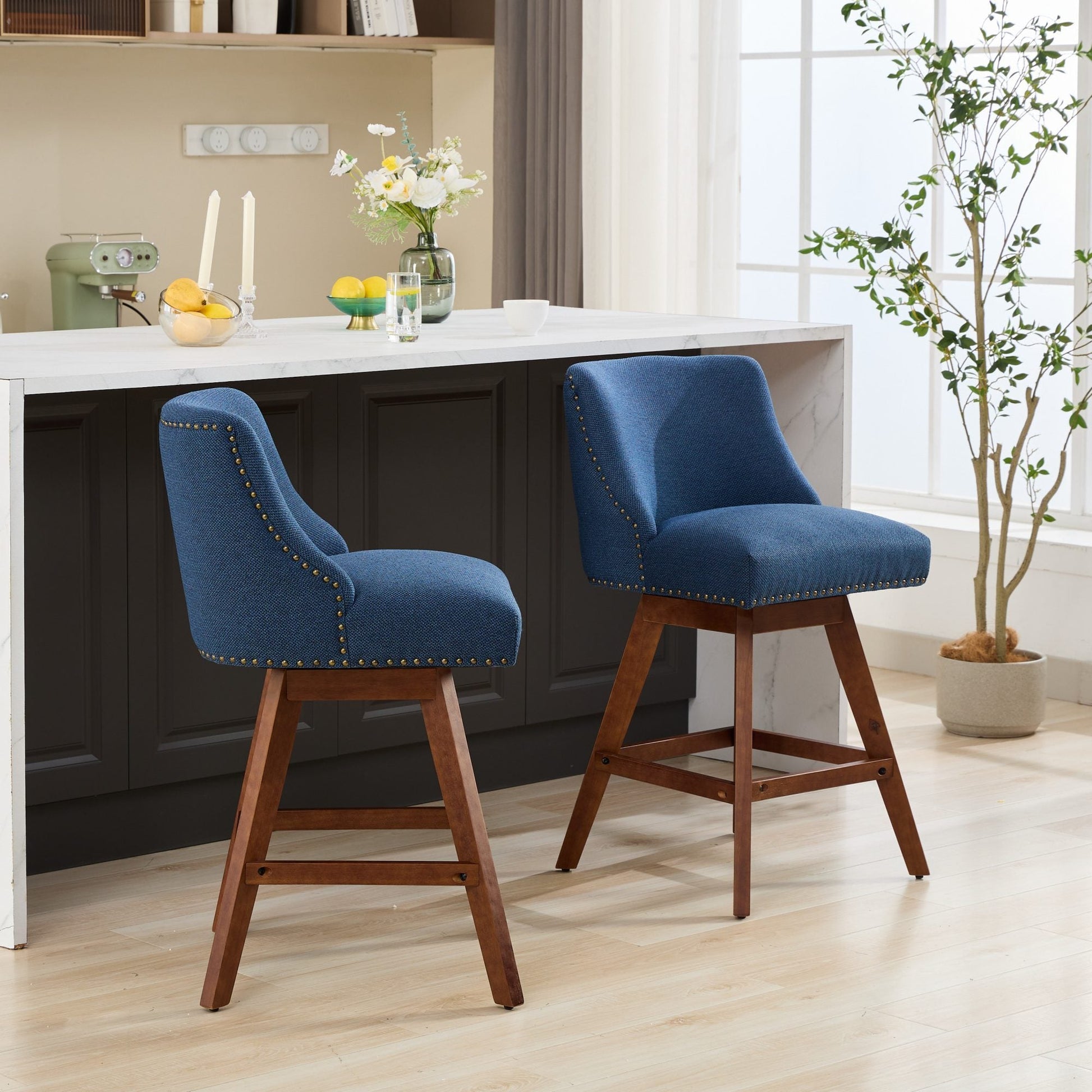 Blue Fabric Swivel Bar Stools Set of 2 | 26” Counter Height Chairs with Wood Frame - 1st Choice Furniture Direct