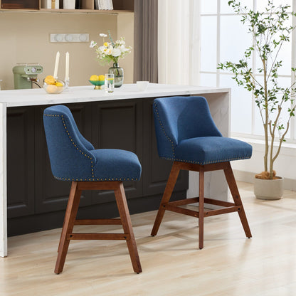 Blue Fabric Swivel Bar Stools Set of 2 | 26” Counter Height Chairs with Wood Frame - 1st Choice Furniture Direct