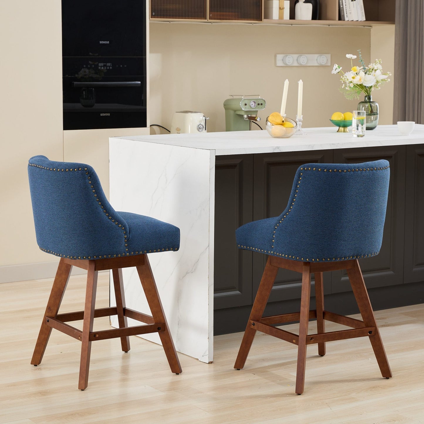 Blue Fabric Swivel Bar Stools Set of 2 | 26” Counter Height Chairs with Wood Frame - 1st Choice Furniture Direct
