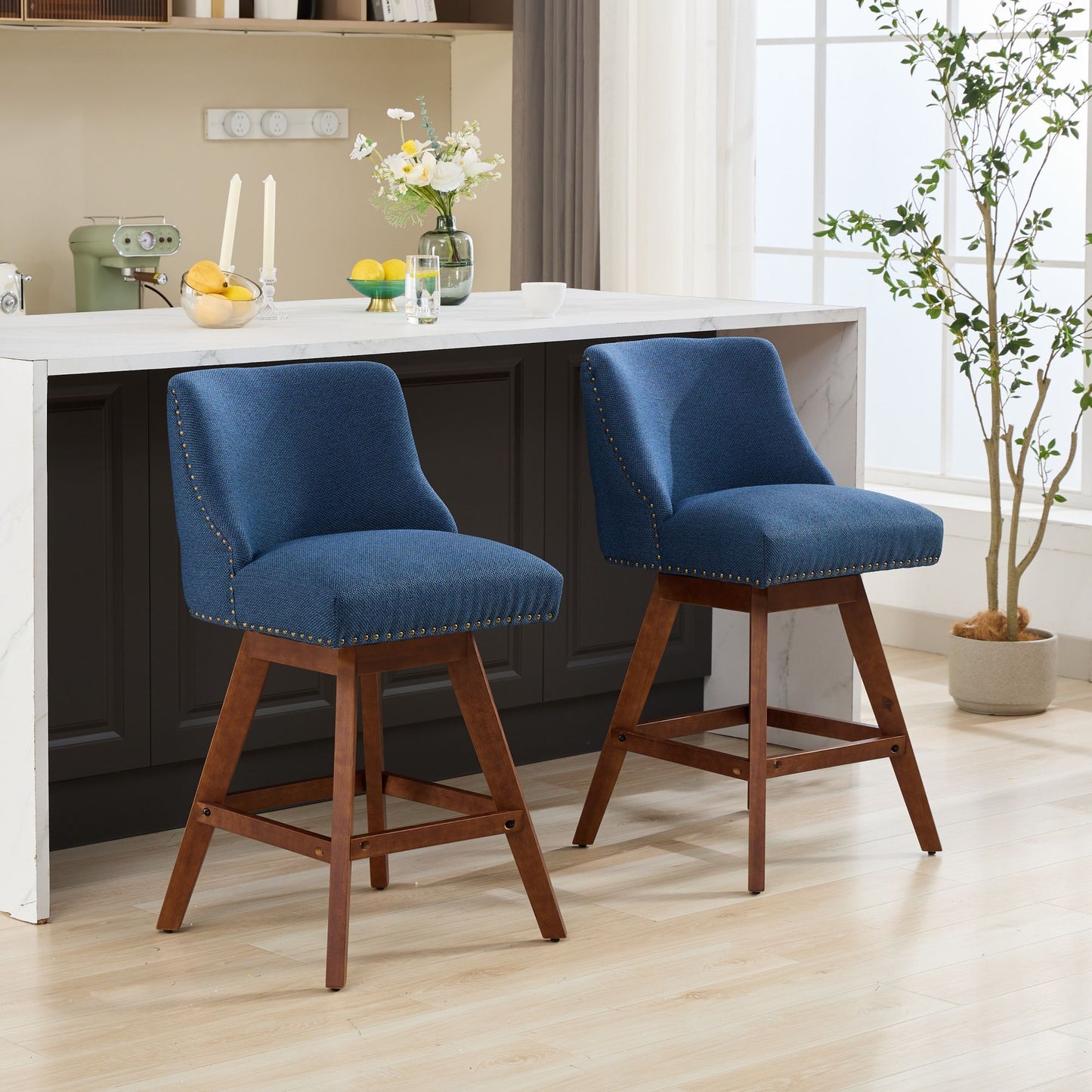 Blue Fabric Swivel Bar Stools Set of 2 | 26” Counter Height Chairs with Wood Frame - 1st Choice Furniture Direct