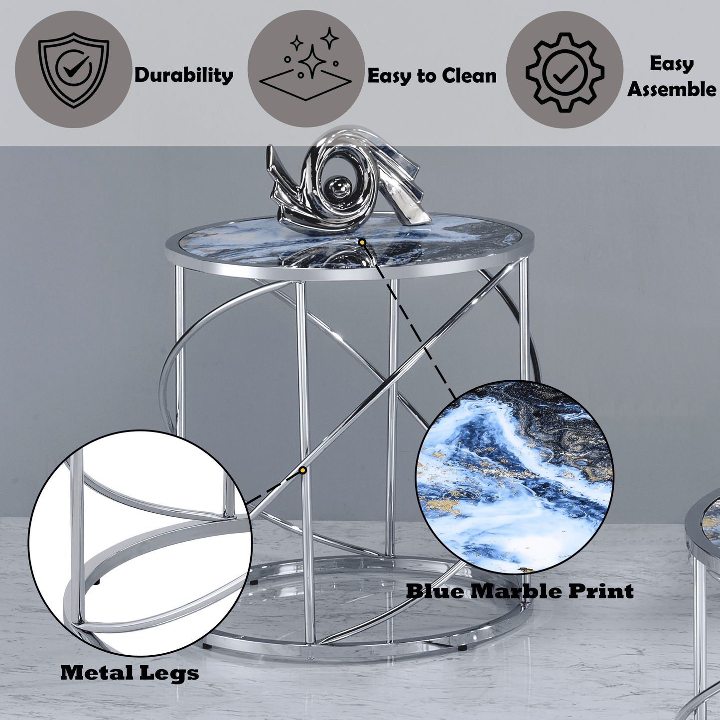 Blue Marble Glass End Table with Chrome Base - 1st Choice Furniture Direct