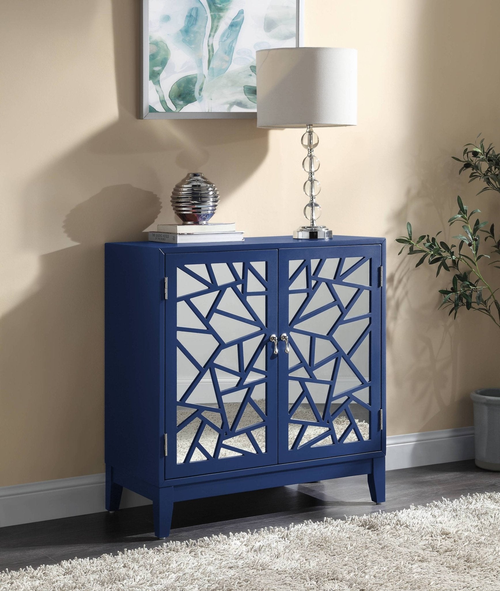 Blue Mirrored Accent Cabinet | 2 Door Storage Console Table - 1st Choice Furniture Direct