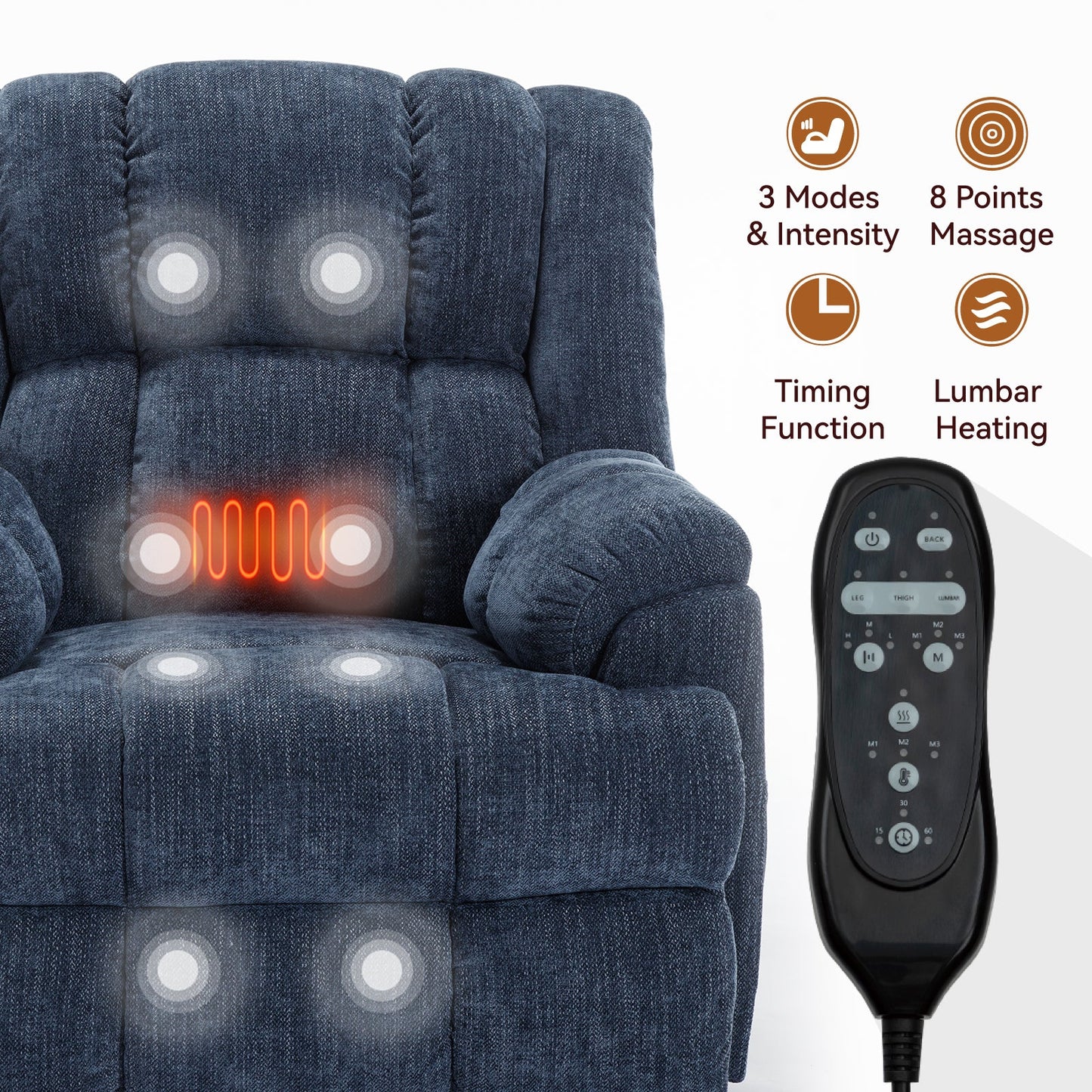 Blue Power Lift Recliner Chair with Massage & Lumbar Heat - 1st Choice Furniture Direct