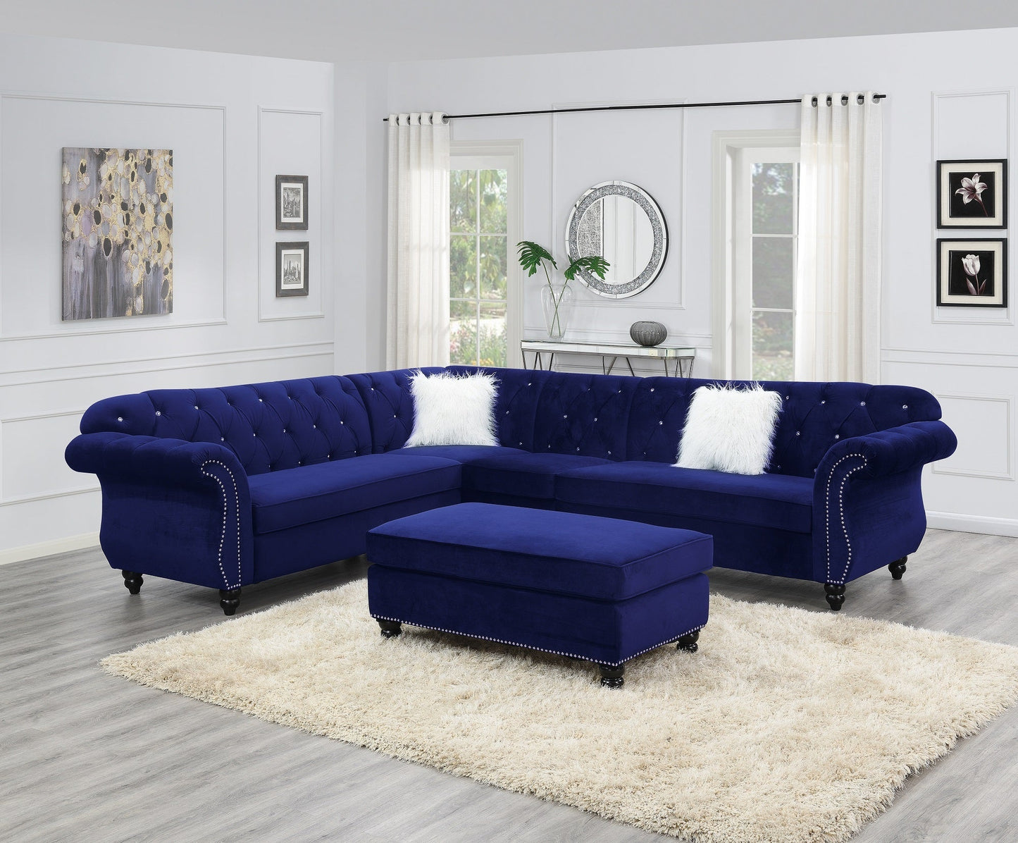 Blue Velvet Cocktail Ottoman with Nailhead Trim | Contemporary Ottoman - 1st Choice Furniture Direct