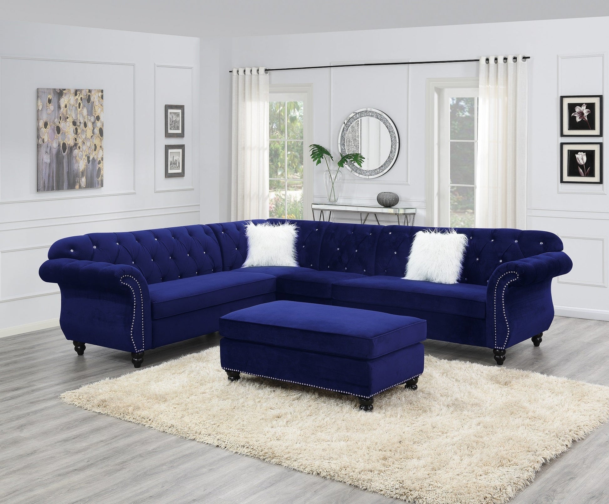 Blue Velvet Cocktail Ottoman with Nailhead Trim | Contemporary Ottoman - 1st Choice Furniture Direct