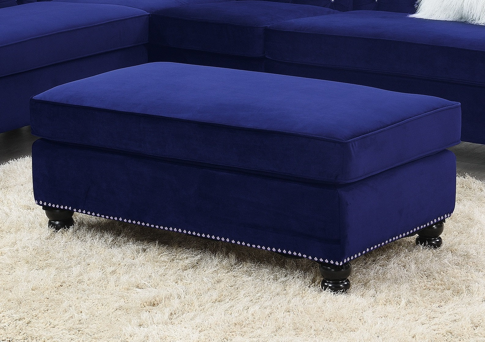 Blue Velvet Cocktail Ottoman with Nailhead Trim | Contemporary Ottoman - 1st Choice Furniture Direct