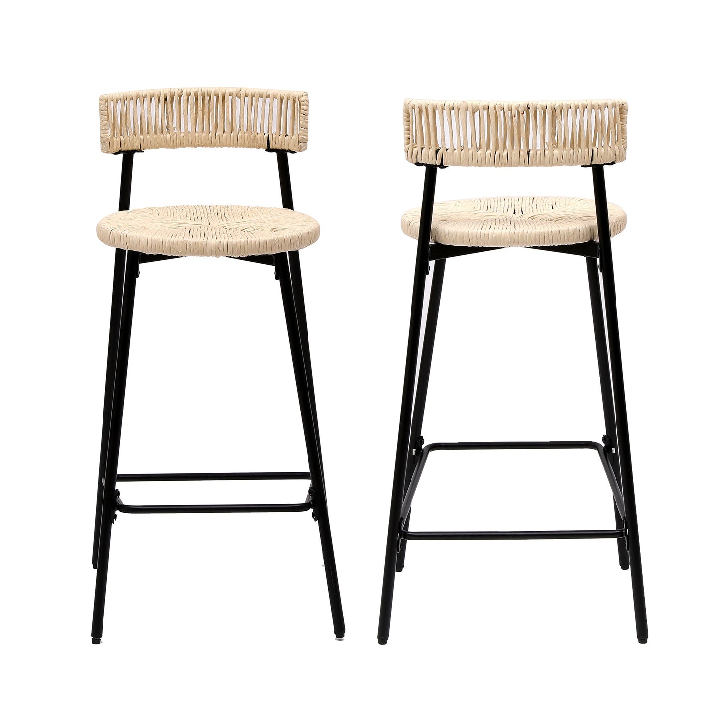 Boho Style Handwoven Paper Rope Counter Stools Set of 2 in Black & Creamy White, 26.57 Inch Height - 1st Choice Furniture Direct