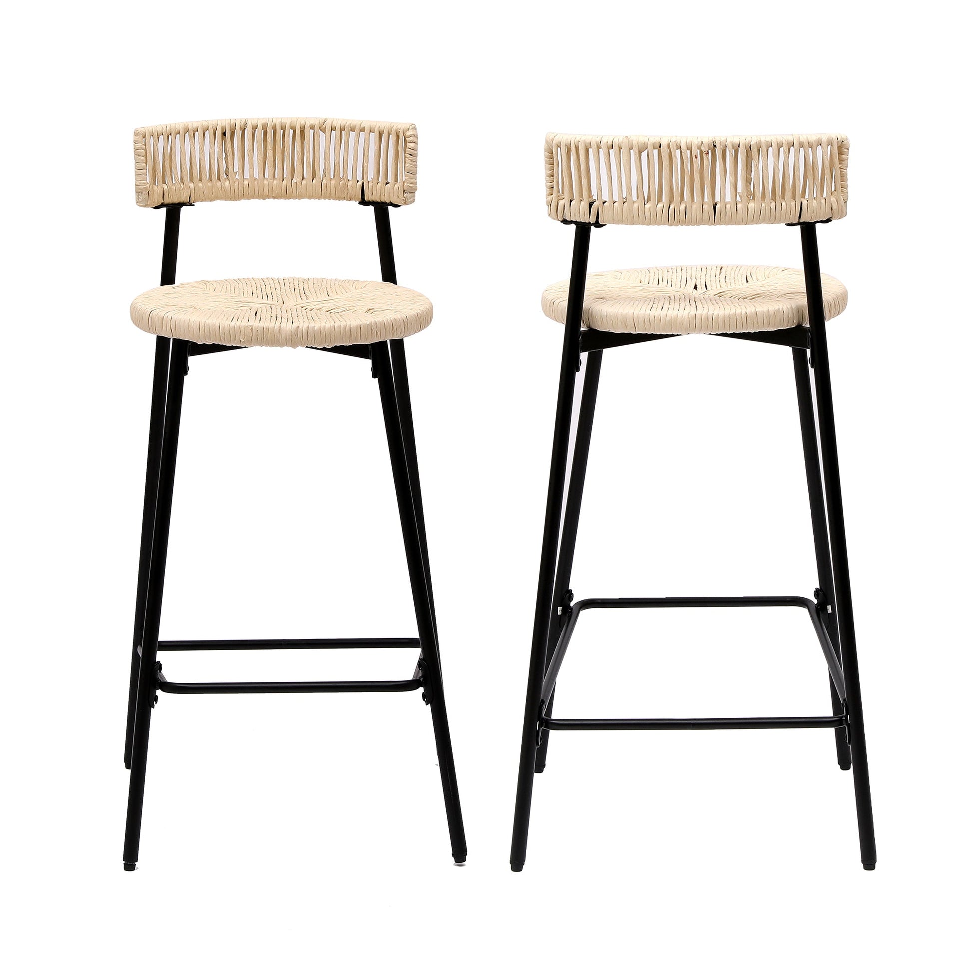 Boho Style Handwoven Paper Rope Counter Stools Set of 2 in Black & Creamy White, 26.57 Inch Height - 1st Choice Furniture Direct