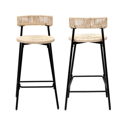 Boho Style Handwoven Paper Rope Counter Stools Set of 2 in Black & Creamy White, 26.57 Inch Height - 1st Choice Furniture Direct
