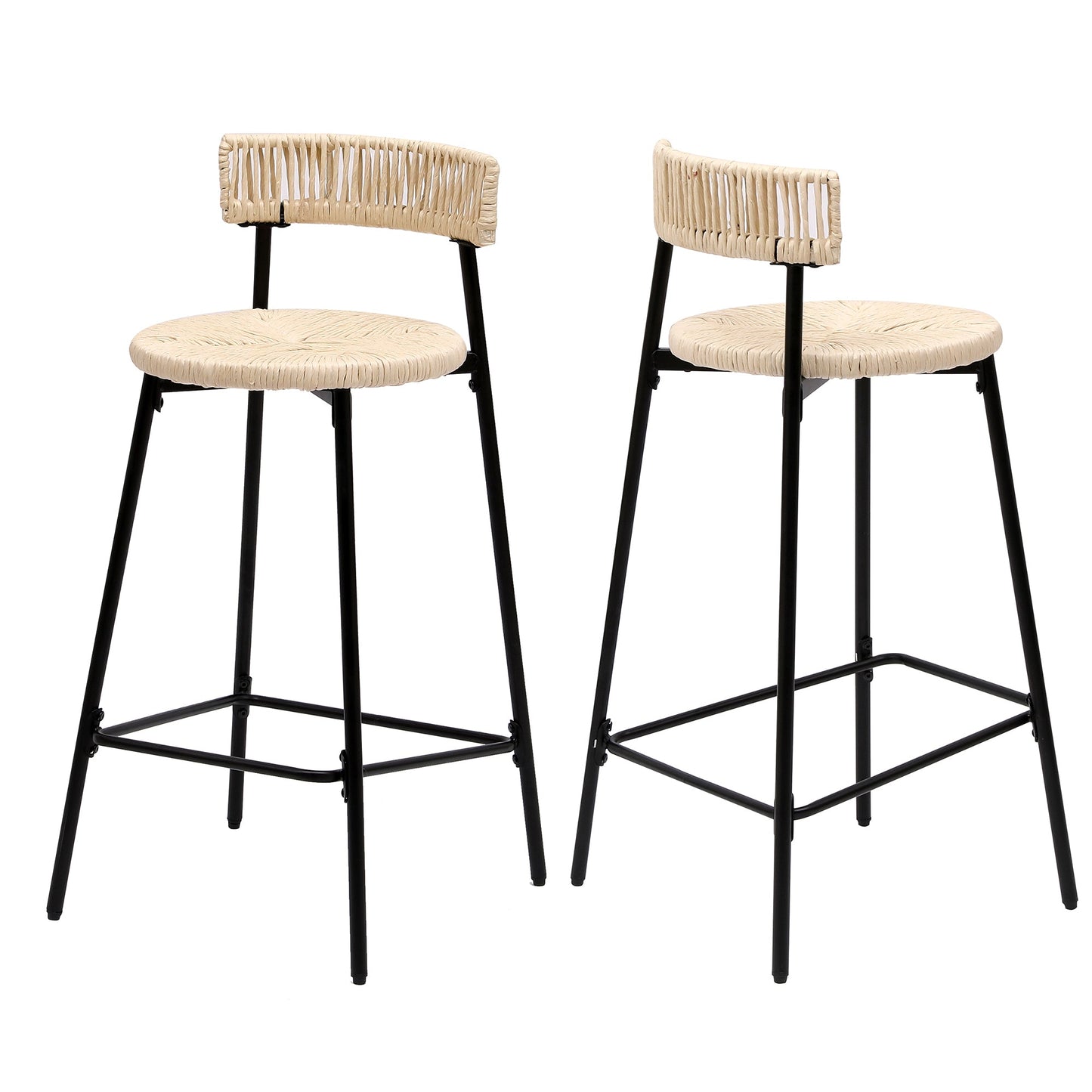 Boho Style Handwoven Paper Rope Counter Stools Set of 2 in Black & Creamy White, 26.57 Inch Height - 1st Choice Furniture Direct