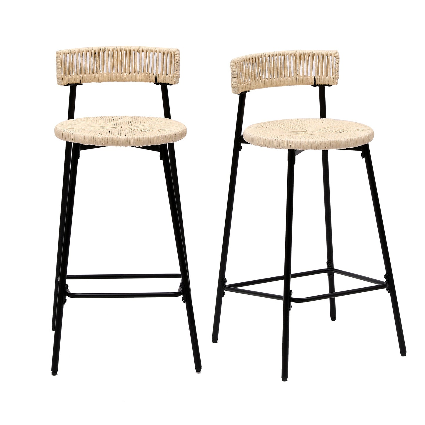 Boho Style Handwoven Paper Rope Counter Stools Set of 2 in Black & Creamy White, 26.57 Inch Height - 1st Choice Furniture Direct