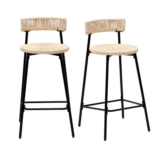 Boho Style Handwoven Paper Rope Counter Stools Set of 2 in Black & Creamy White, 26.57 Inch Height - 1st Choice Furniture Direct