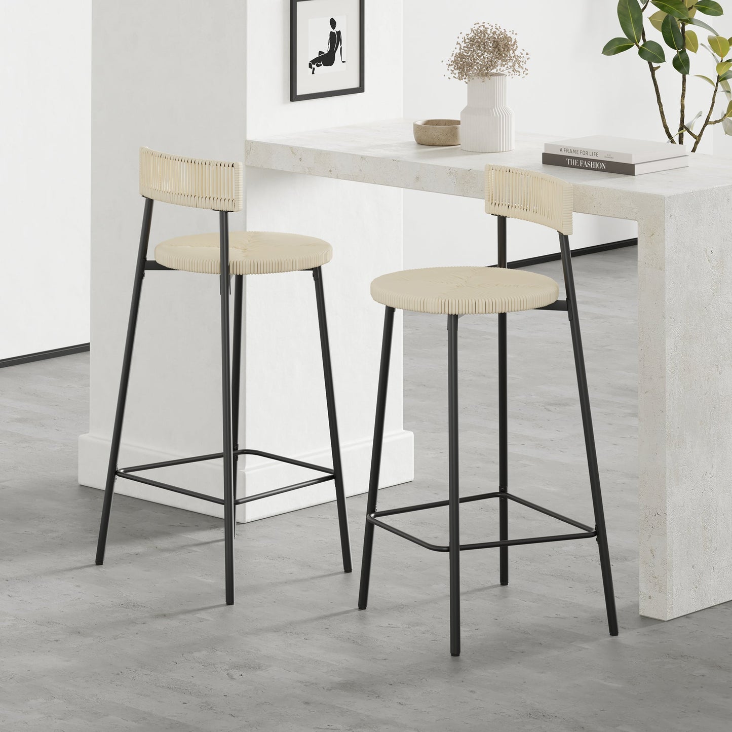 Boho Style Handwoven Paper Rope Counter Stools Set of 2 in Black & Creamy White, 26.57 Inch Height - 1st Choice Furniture Direct