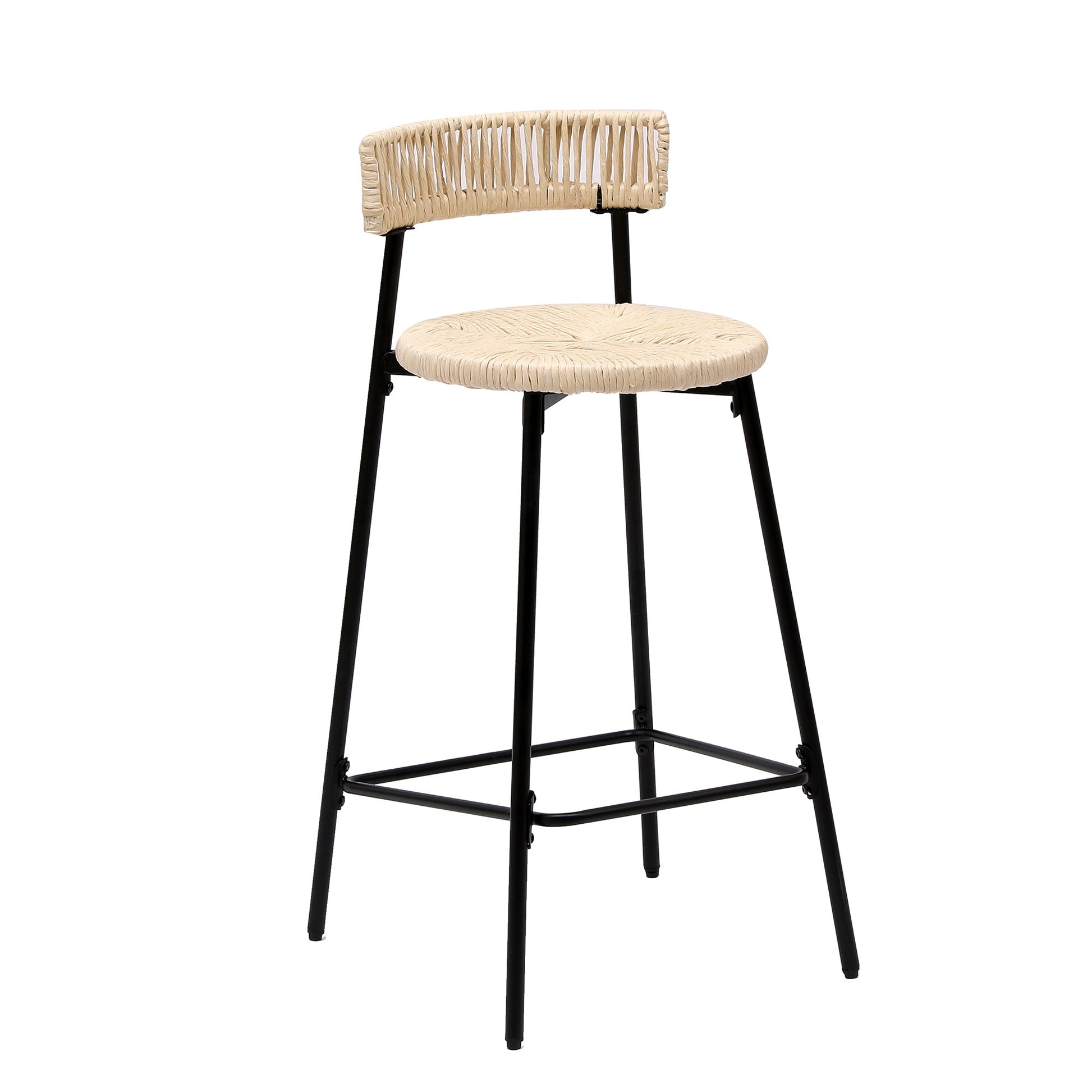 Boho Style Handwoven Paper Rope Counter Stools Set of 2 in Black & Creamy White, 26.57 Inch Height - 1st Choice Furniture Direct