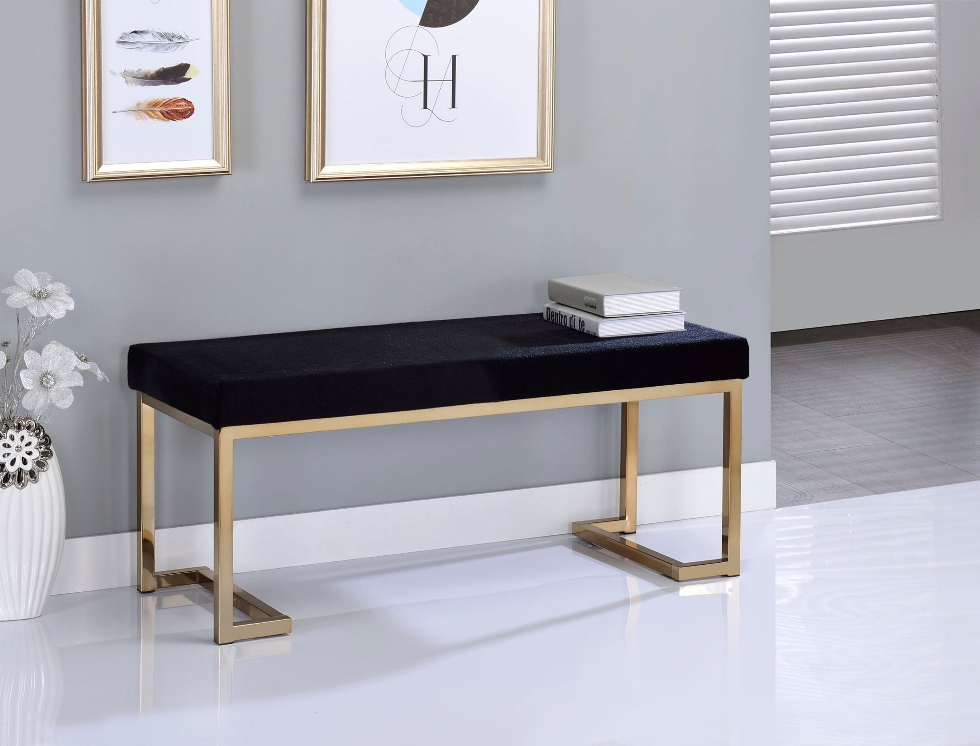 Boice Black Fabric & Champagne Finish Bench - 1st Choice Furniture Direct