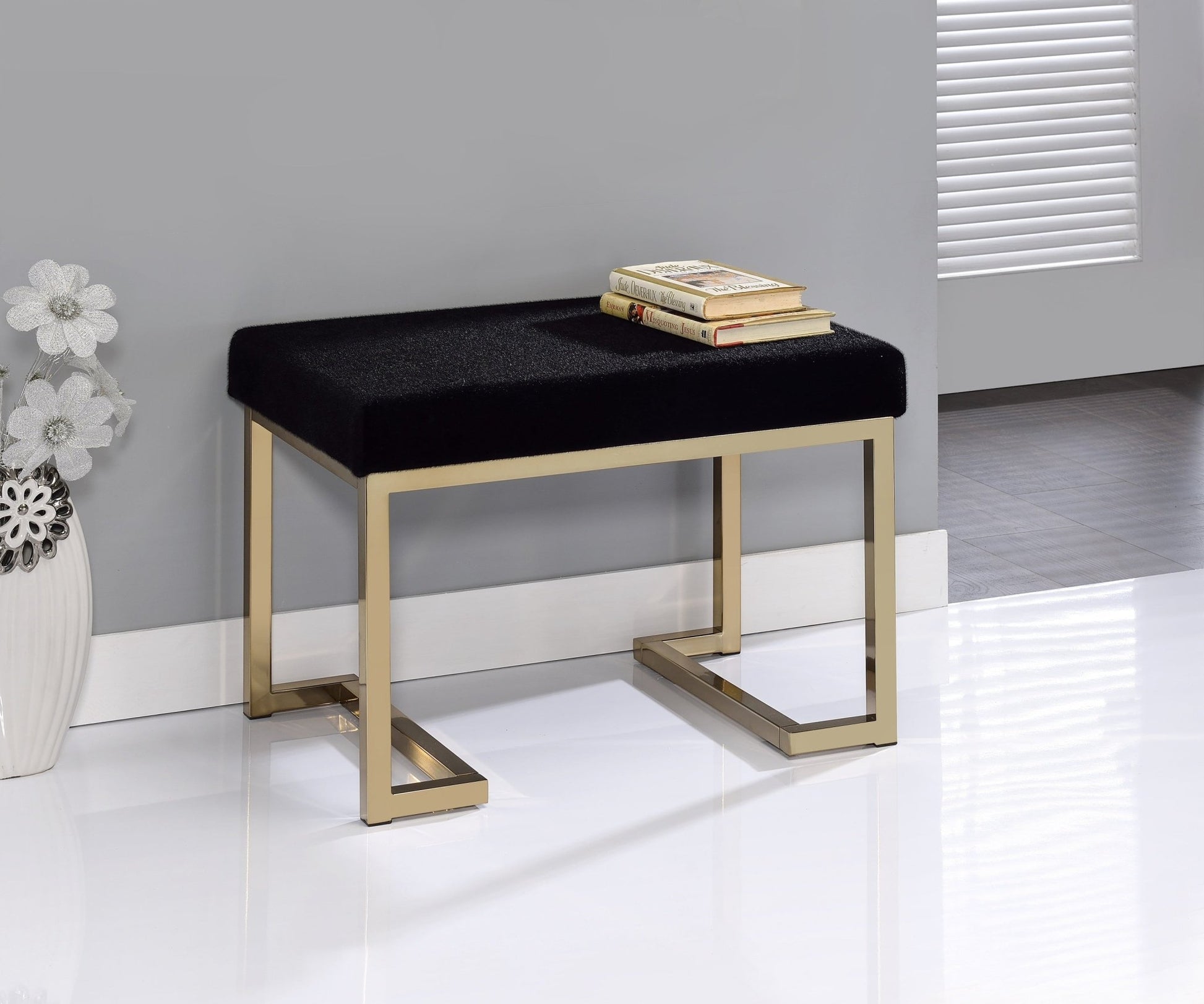 Boice Black Fabric & Champagne Finish Ottoman - 1st Choice Furniture Direct