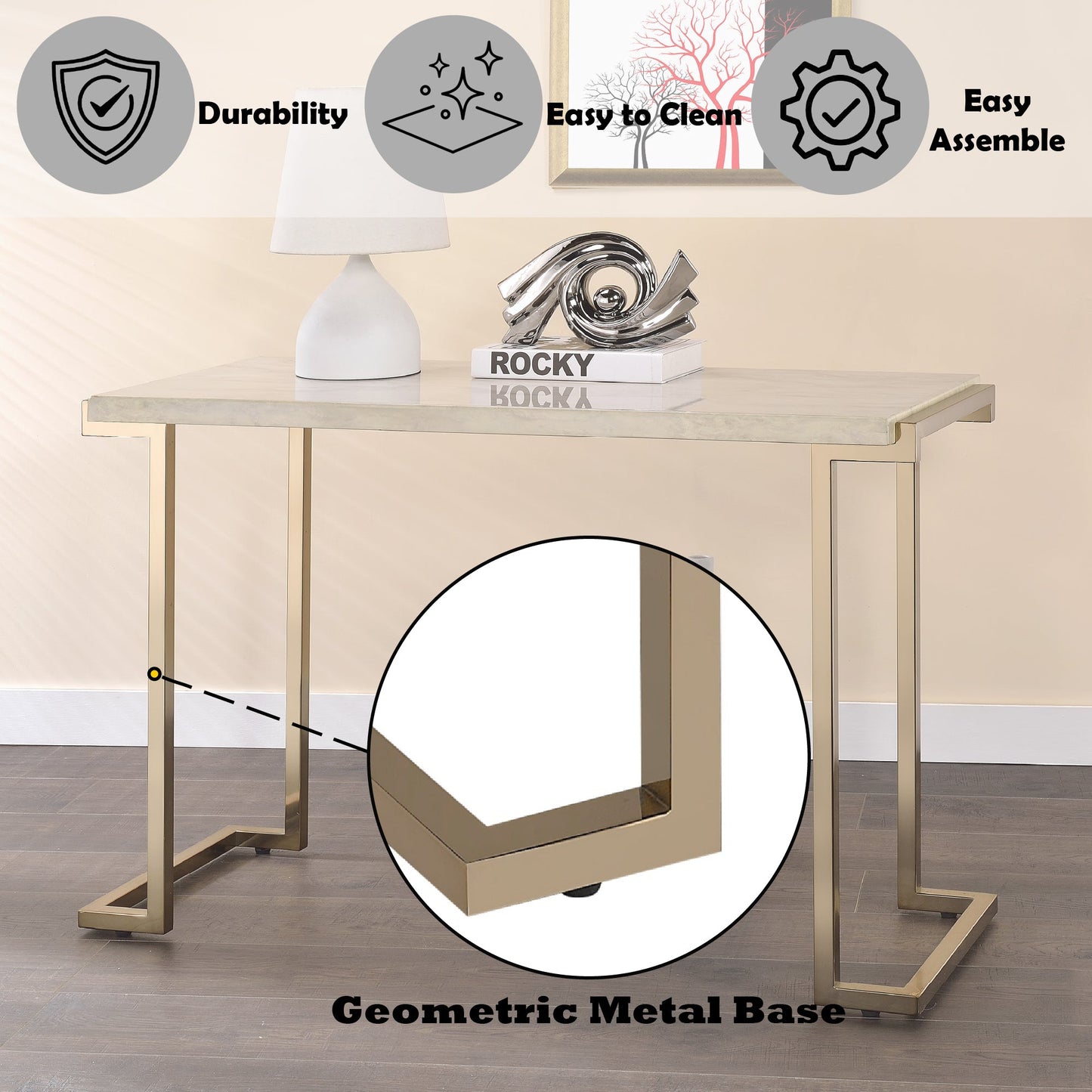 Boice II Faux Marble Top & Champagne Finish Sofa Table - 1st Choice Furniture Direct