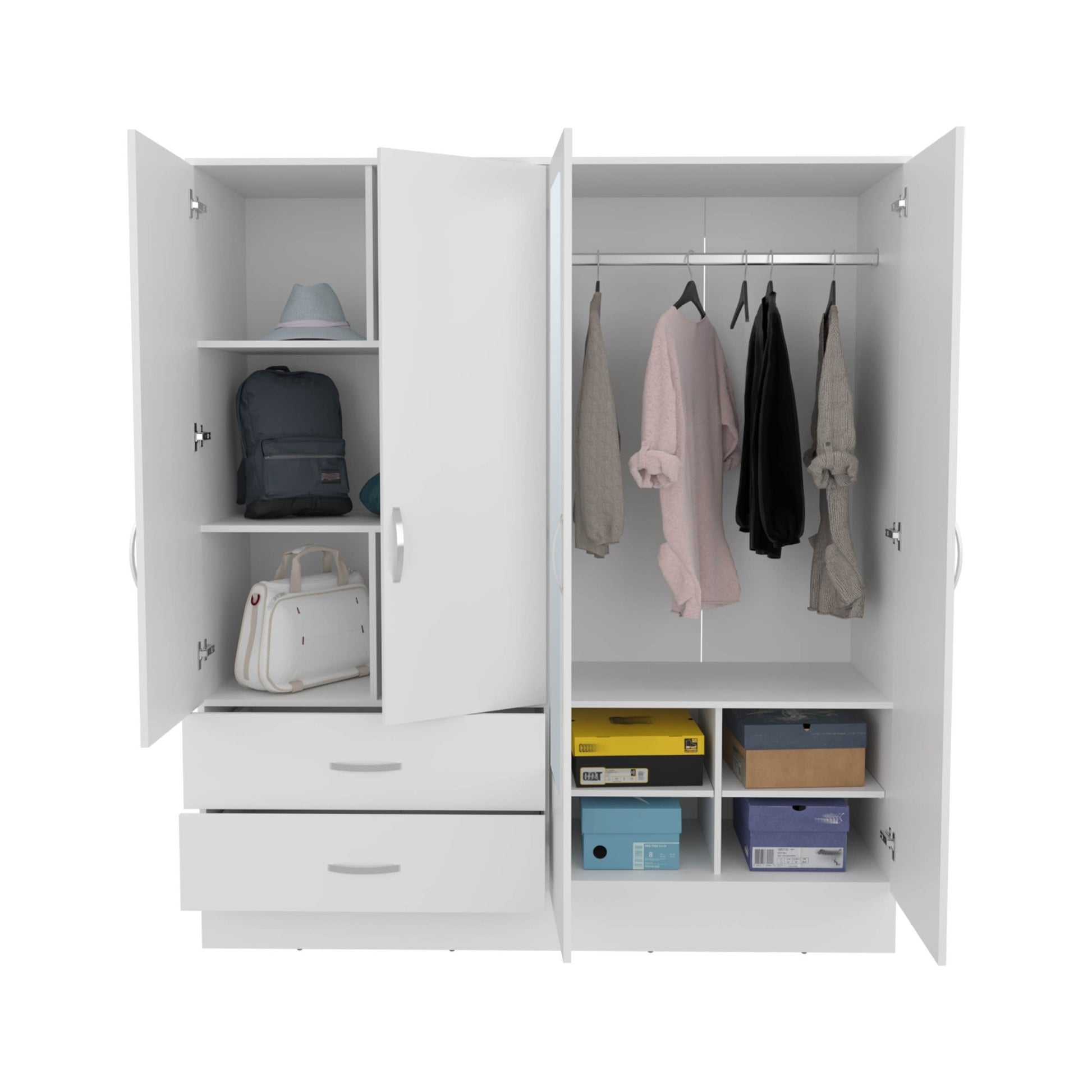 Bolton 160 Armoire, Six Shelves, Two Double Door Cabinets, Two Mirrors, Two Drawers, White - 1st Choice Furniture Direct