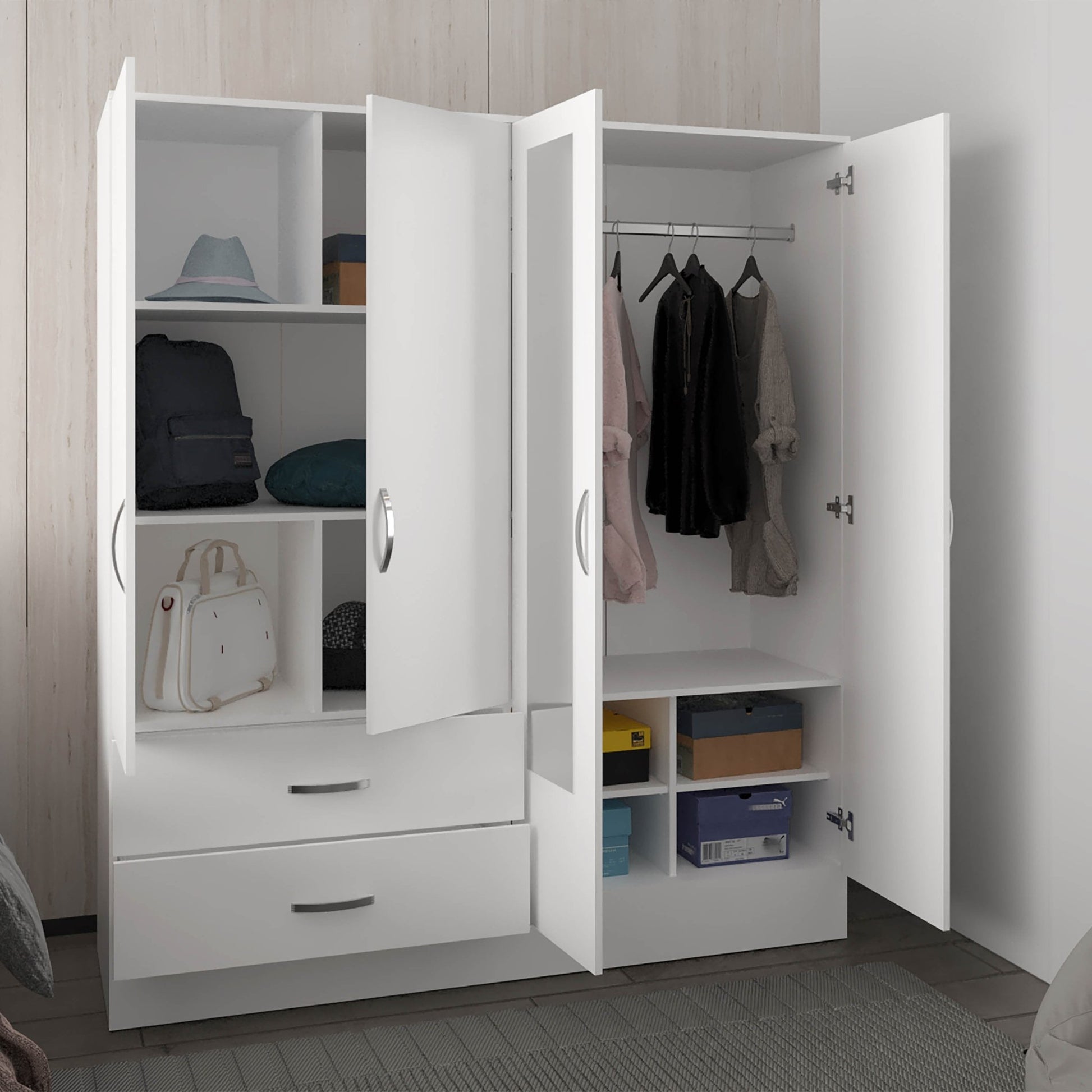 Bolton 160 Armoire, Six Shelves, Two Double Door Cabinets, Two Mirrors, Two Drawers, White - 1st Choice Furniture Direct