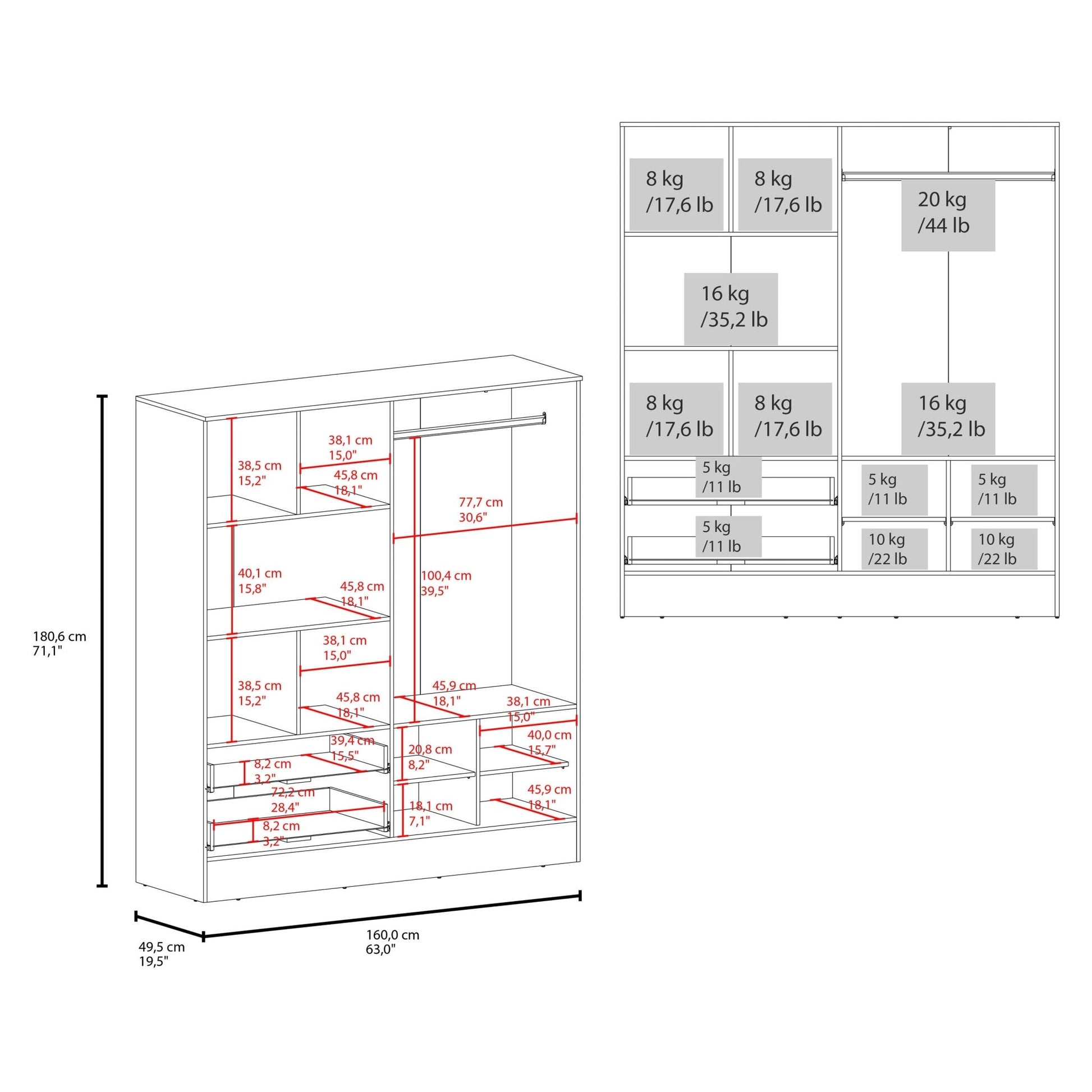 Bolton 160 Armoire, Six Shelves, Two Double Door Cabinets, Two Mirrors, Two Drawers, White - 1st Choice Furniture Direct