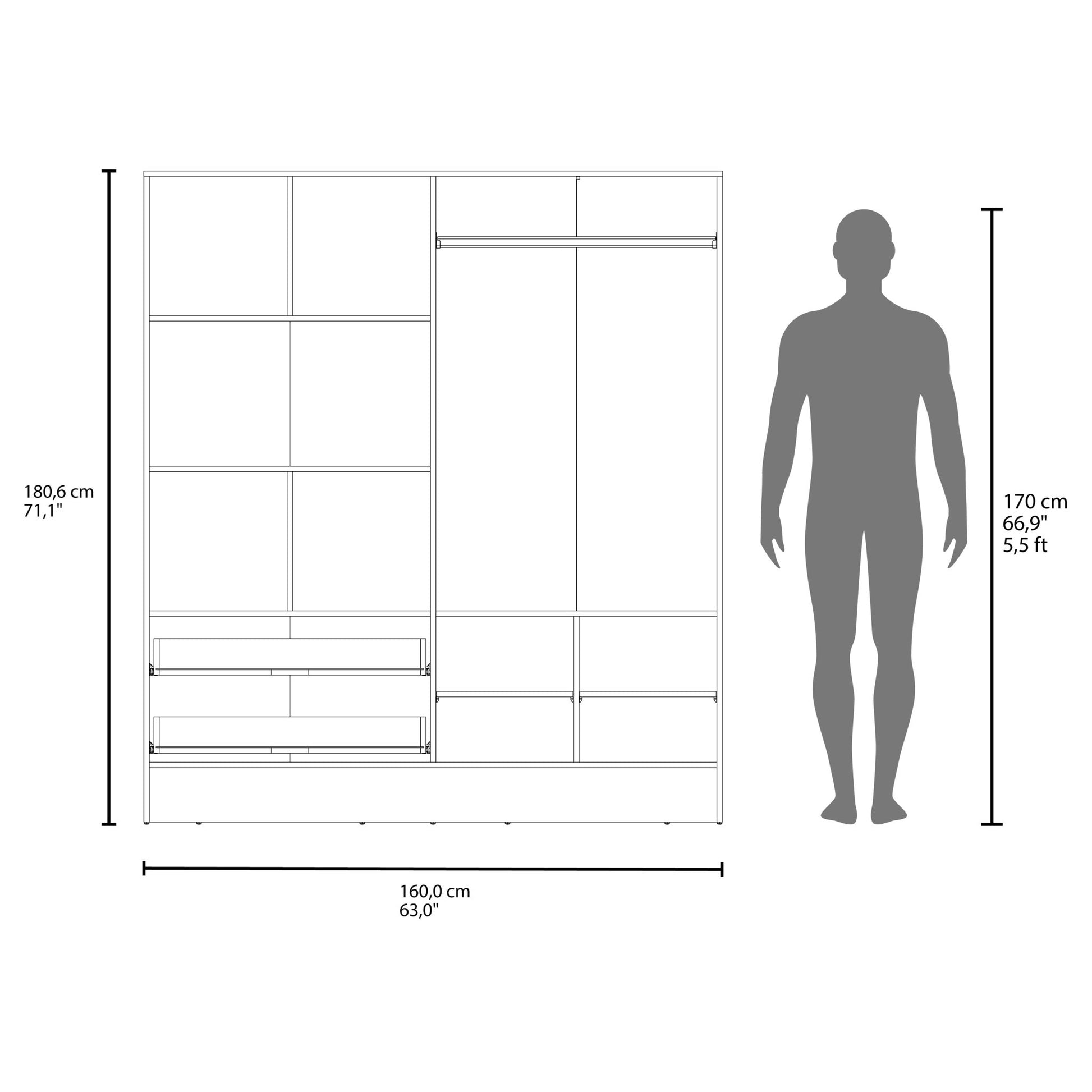 Bolton 160 Armoire, Six Shelves, Two Double Door Cabinets, Two Mirrors, Two Drawers, White - 1st Choice Furniture Direct