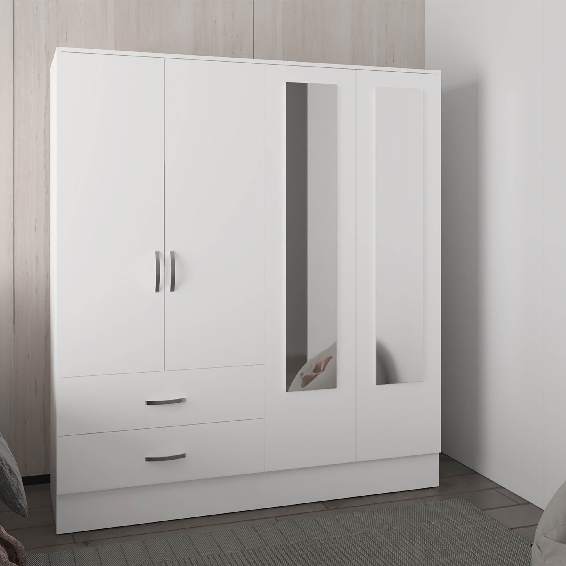Bolton 160 Armoire, Six Shelves, Two Double Door Cabinets, Two Mirrors, Two Drawers, White - 1st Choice Furniture Direct