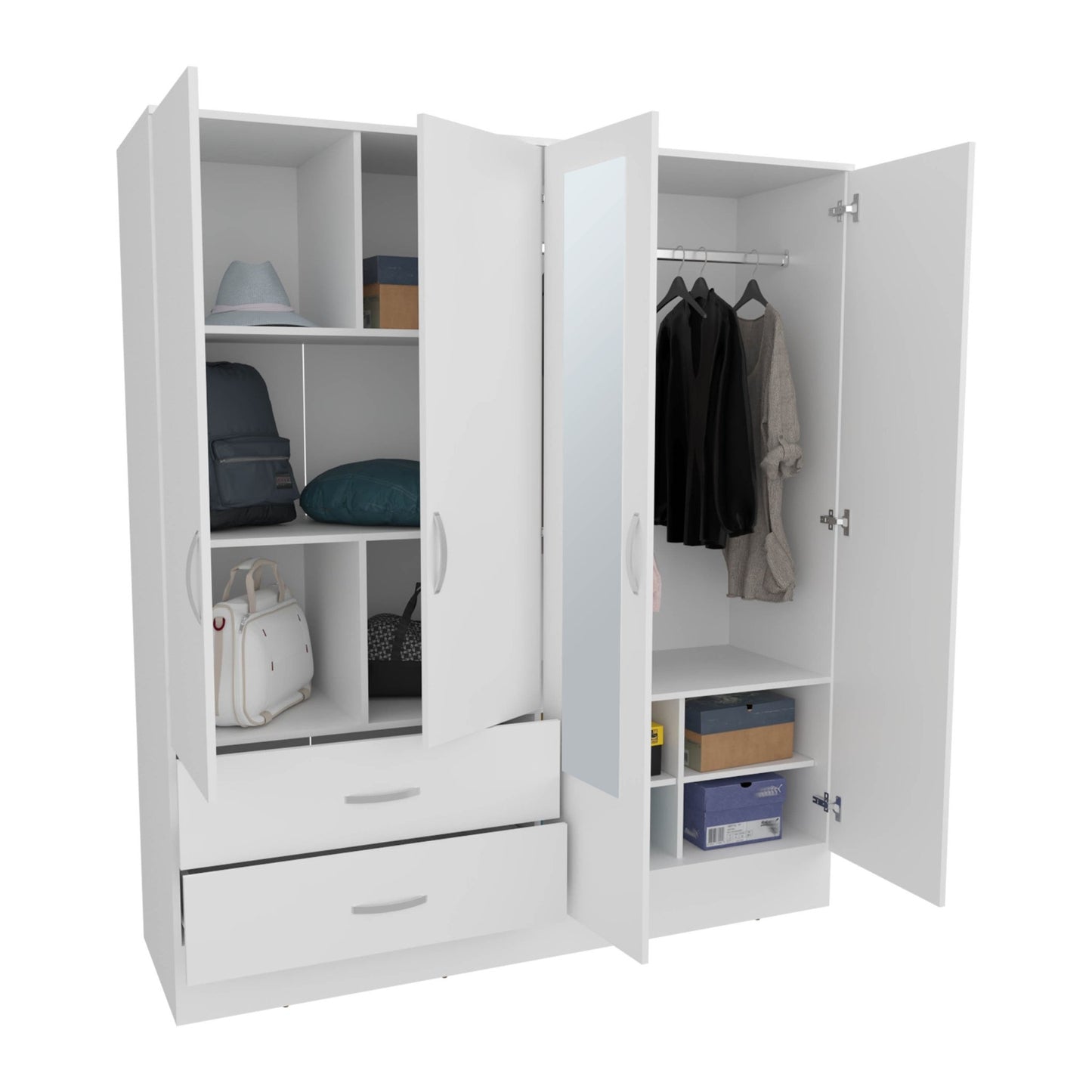 Bolton 160 Armoire, Six Shelves, Two Double Door Cabinets, Two Mirrors, Two Drawers, White - 1st Choice Furniture Direct