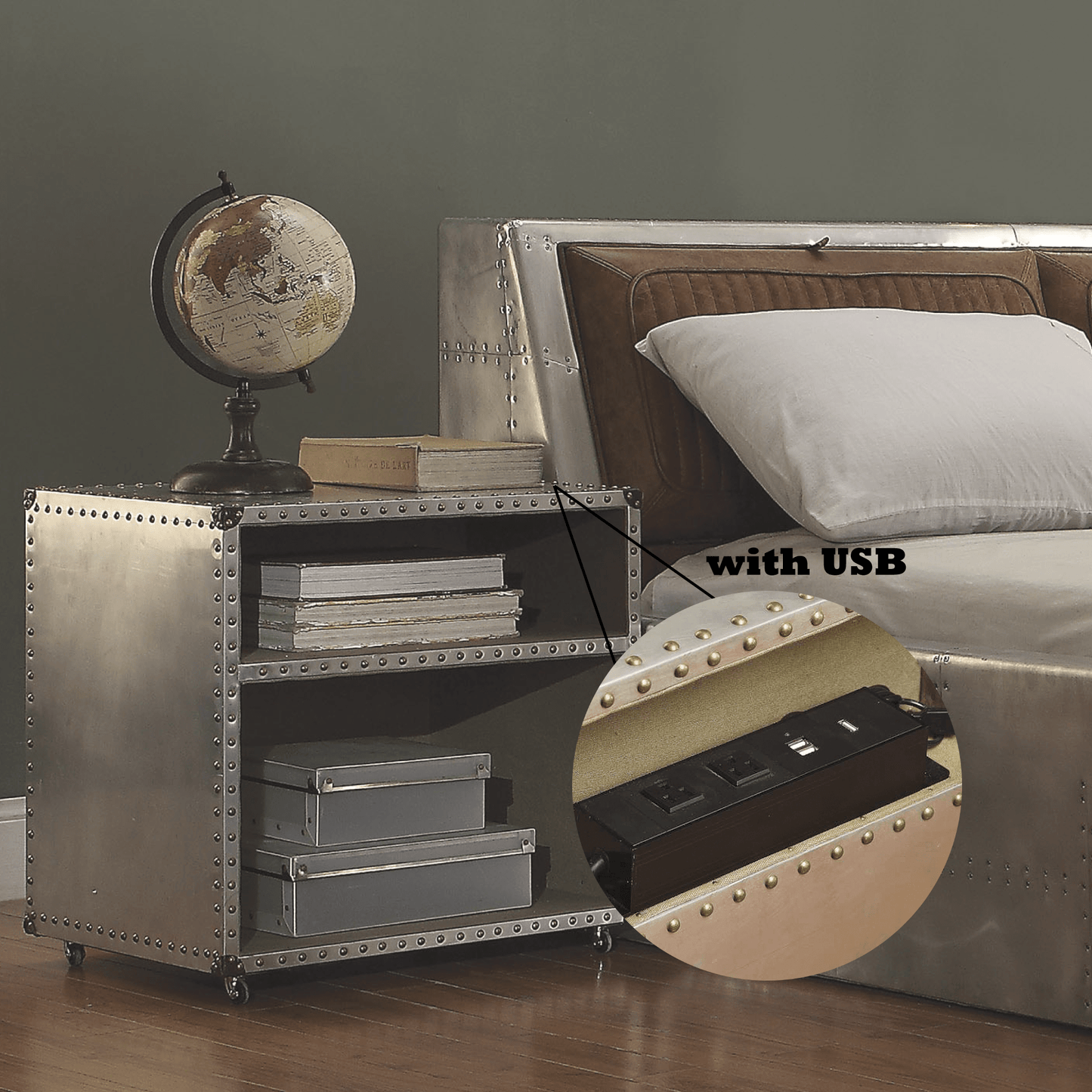 Brancaster Aluminum Nightstand W/USB - 1st Choice Furniture Direct