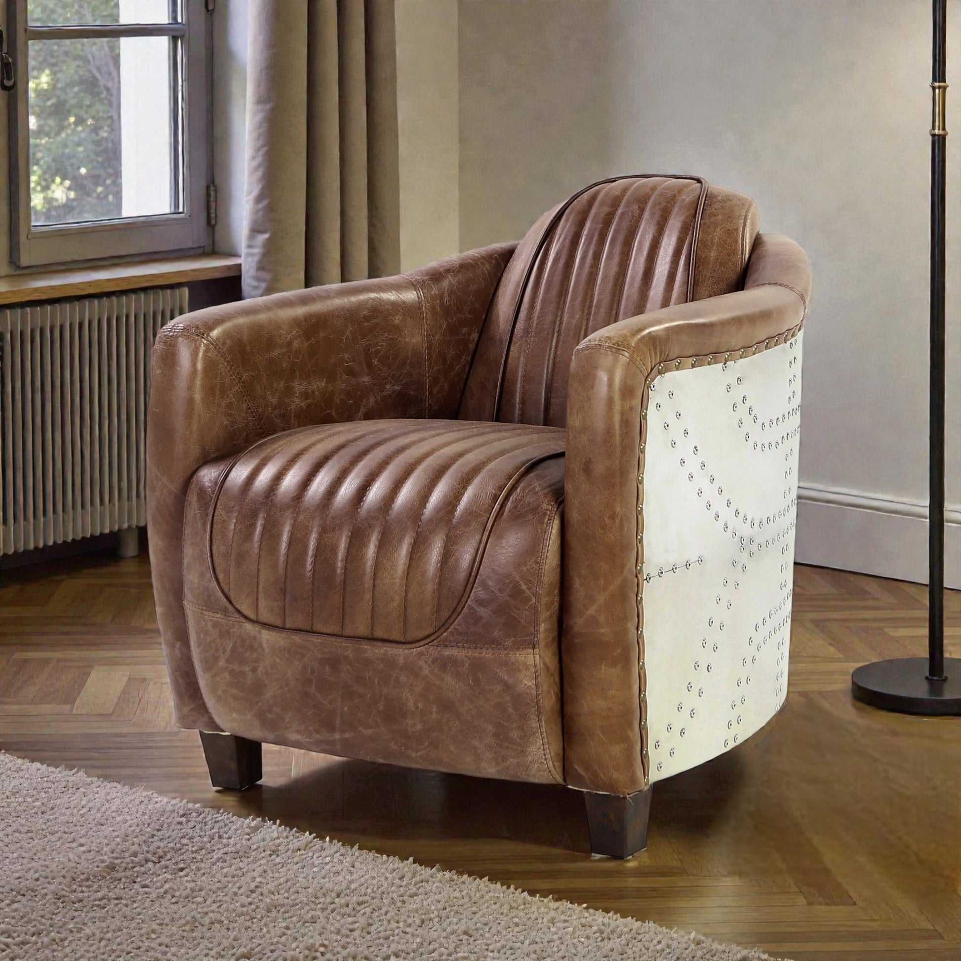 Brancaster Retro Brown Grain Leather & Aluminum Chair with Wooden Frame and High Backrest - 1st Choice Furniture Direct