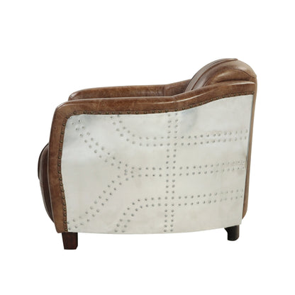 Brancaster Retro Brown Grain Leather & Aluminum Chair with Wooden Frame and High Backrest - 1st Choice Furniture Direct