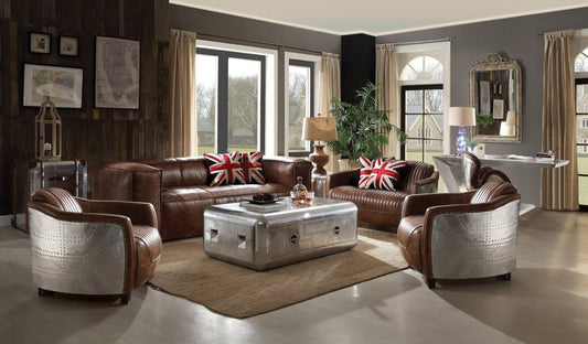 Brancaster Retro Brown Top Grain Leather& Aluminum Living Room Set - 1st Choice Furniture Direct