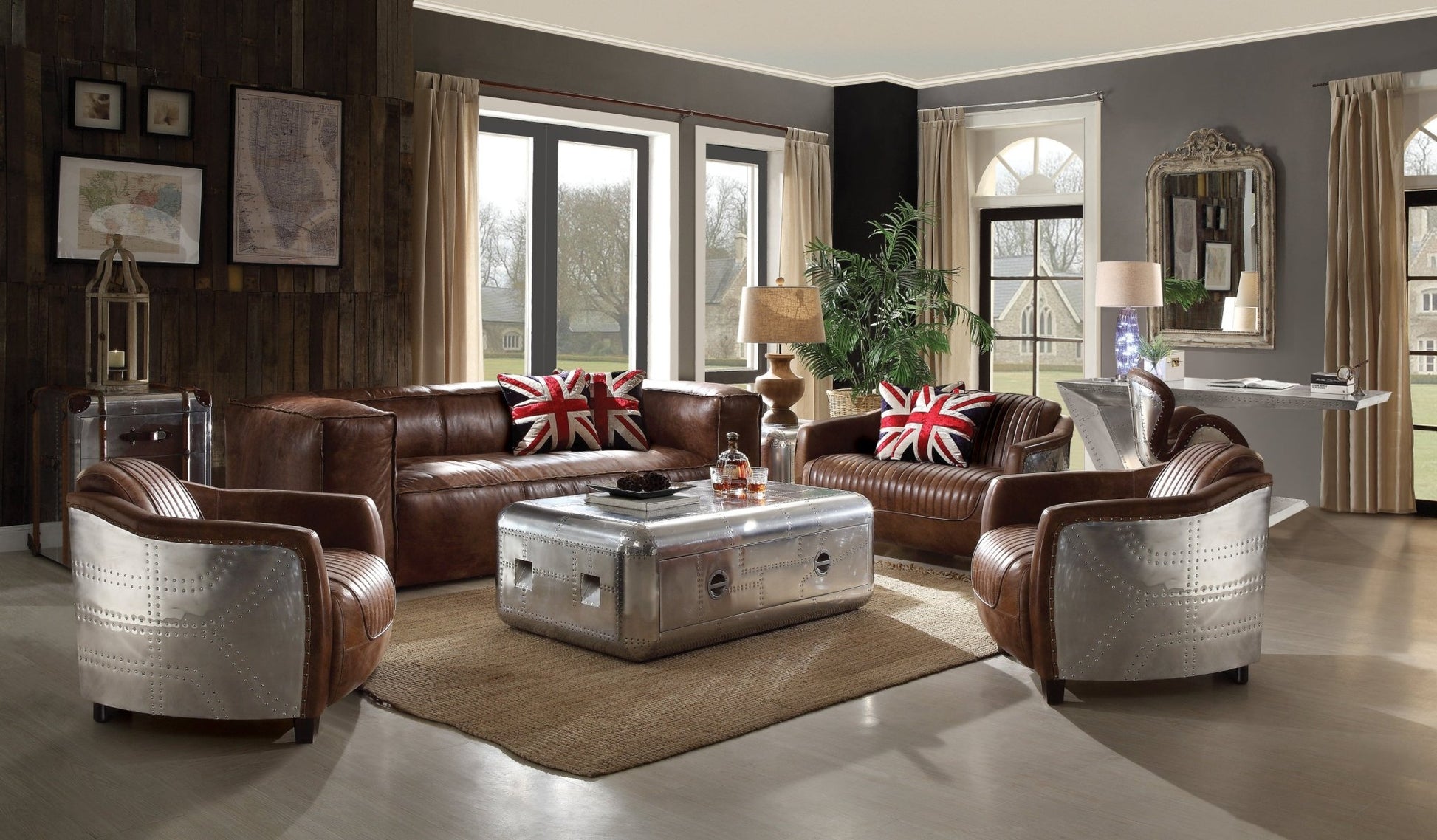Brancaster Retro Brown Top Grain Leather& Aluminum Living Room Set w/ Coffee Table - 1st Choice Furniture Direct