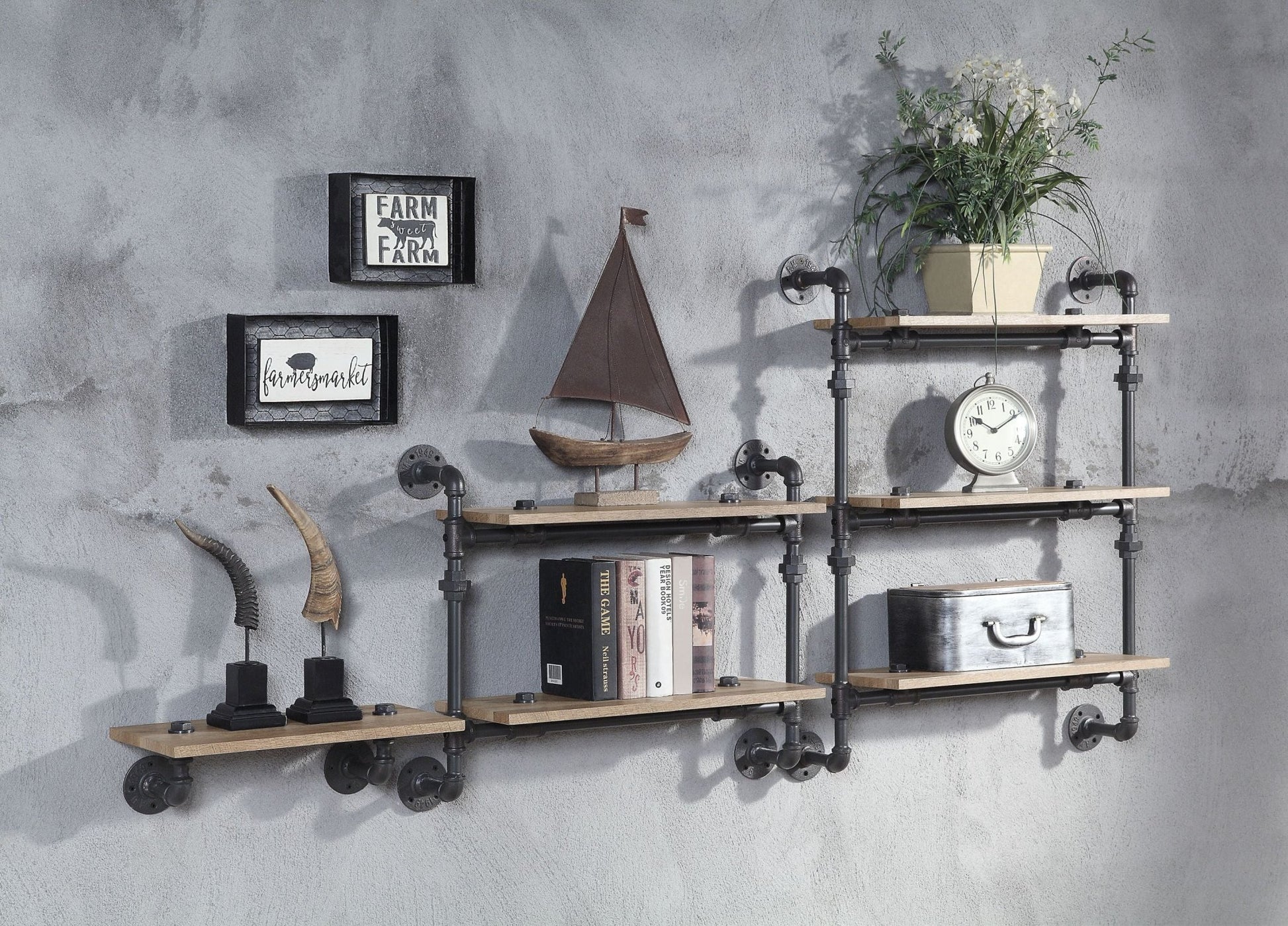 Brantley Oak & Sandy Black Finish Wall Rack - 1st Choice Furniture Direct