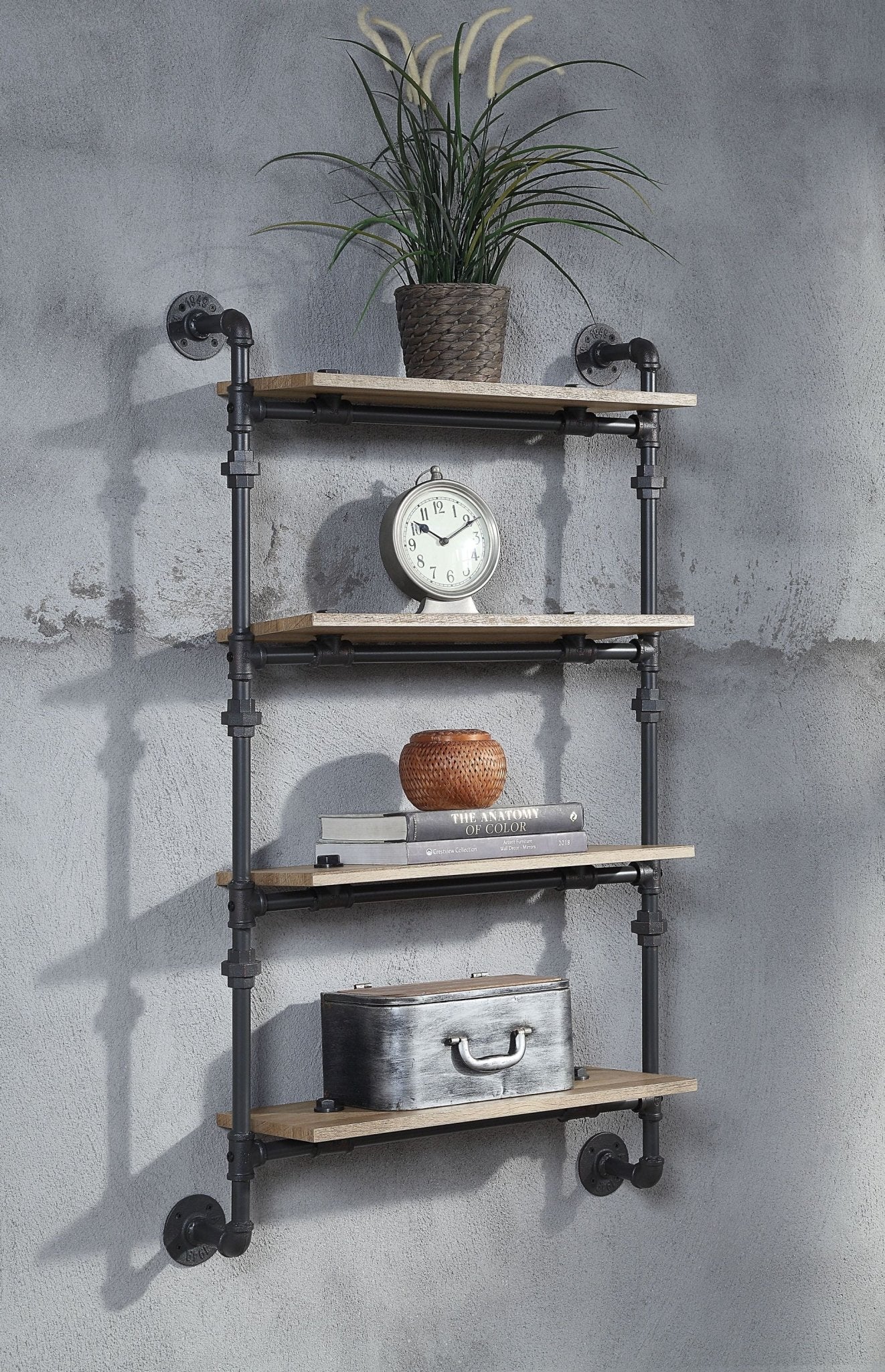 Brantley Oak & Sandy Black Finish Wall Rack W/4 Shelves - 1st Choice Furniture Direct
