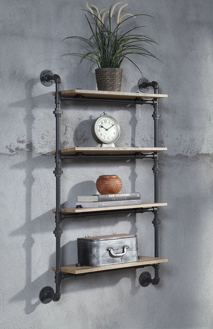 Brantley Oak & Sandy Black Finish Wall Rack W/4 Shelves - 1st Choice Furniture Direct
