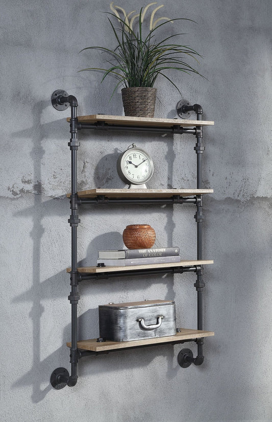 Brantley Oak & Sandy Black Finish Wall Rack W/4 Shelves - 1st Choice Furniture Direct