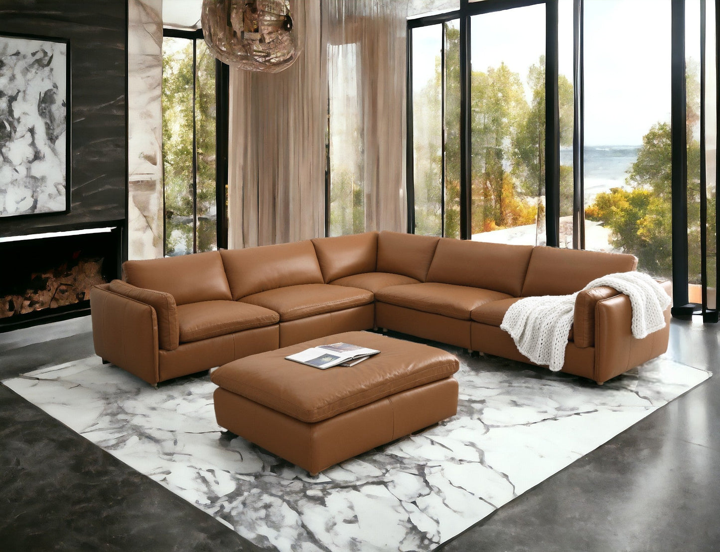 Brighton Top Grain Leather 6 Pieces Modular Sectional with 1 Ottoman - 1st Choice Furniture Direct