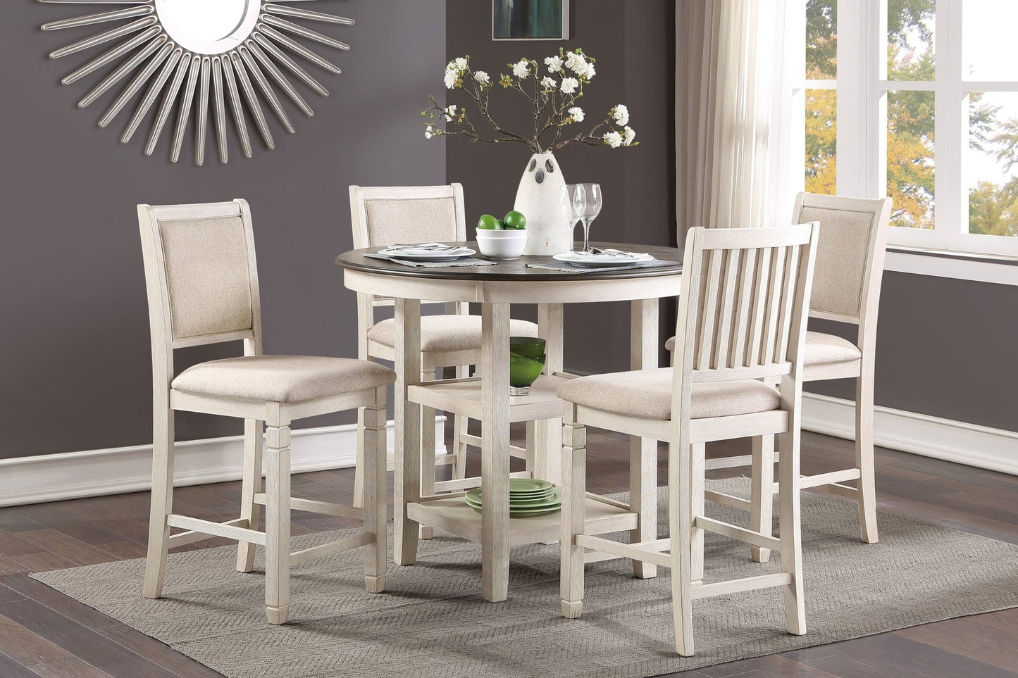 Brown and Antique White Finish 1pc Counter Height Table with 2x Display Shelves Transitional Style Furniture - 1st Choice Furniture Direct