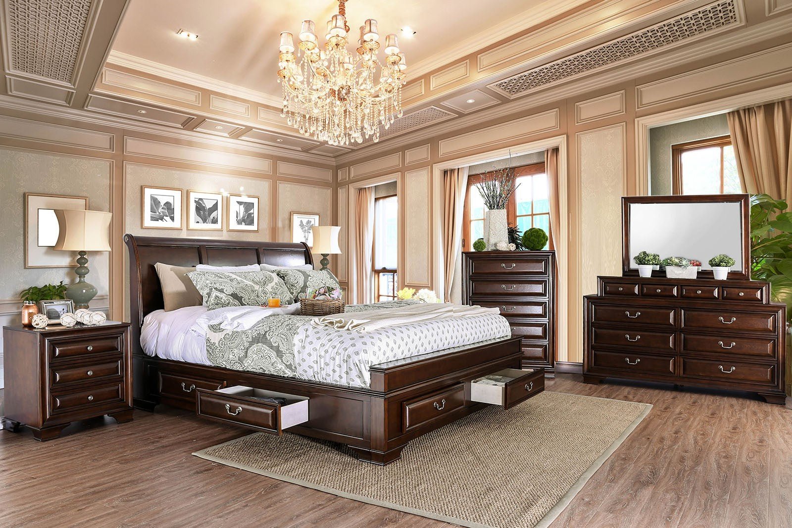 Brown Cherry Solid wood 1pc Nightstand Nickel Round Knob Transitional Style 3 - Drawers Nightstand w Under Nightlight - 1st Choice Furniture Direct