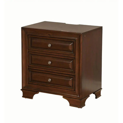 Brown Cherry Solid wood 1pc Nightstand Nickel Round Knob Transitional Style 3 - Drawers Nightstand w Under Nightlight - 1st Choice Furniture Direct