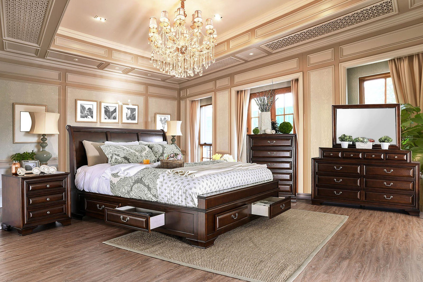 Brown Cherry Solid wood 1pc Nightstand Nickel Round Knob Transitional Style 3 - Drawers Nightstand w Under Nightlight - 1st Choice Furniture Direct