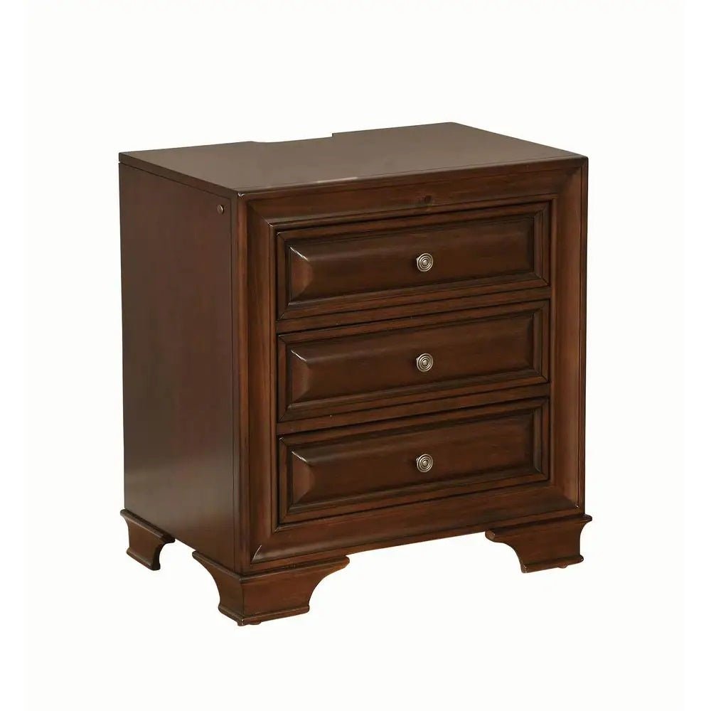 Brown Cherry Solid wood 1pc Nightstand Nickel Round Knob Transitional Style 3 - Drawers Nightstand w Under Nightlight - 1st Choice Furniture Direct