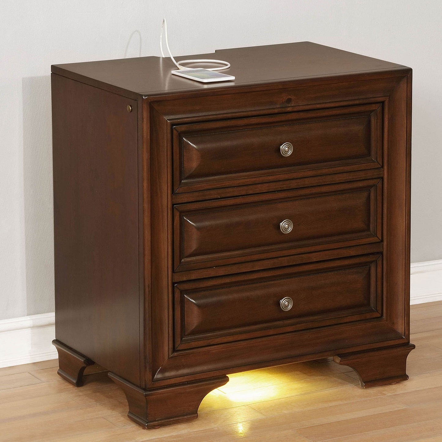 Brown Cherry Solid wood 1pc Nightstand Nickel Round Knob Transitional Style 3 - Drawers Nightstand w Under Nightlight - 1st Choice Furniture Direct