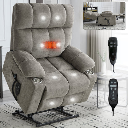 Brown Dual Motor Infinite Position Up to 350 LBS Chenille Power Lift Recliner Chair, Heavy Duty Motion Mechanism with 8 - Point Vibration Massage and Lumbar Heating, Dual Cup Holders - 1st Choice Furniture Direct