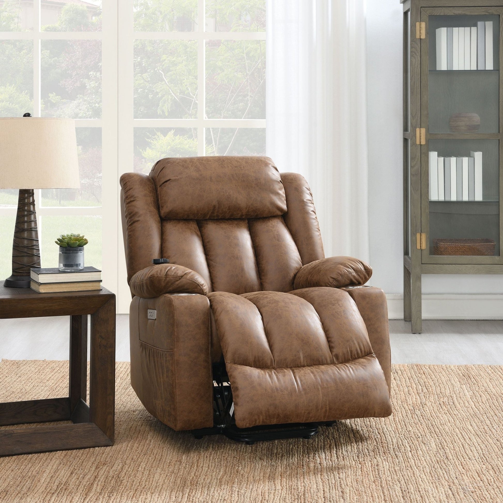 Brown Leather Aire Power Recliner W/Lift & Heating & Massage - 1st Choice Furniture Direct