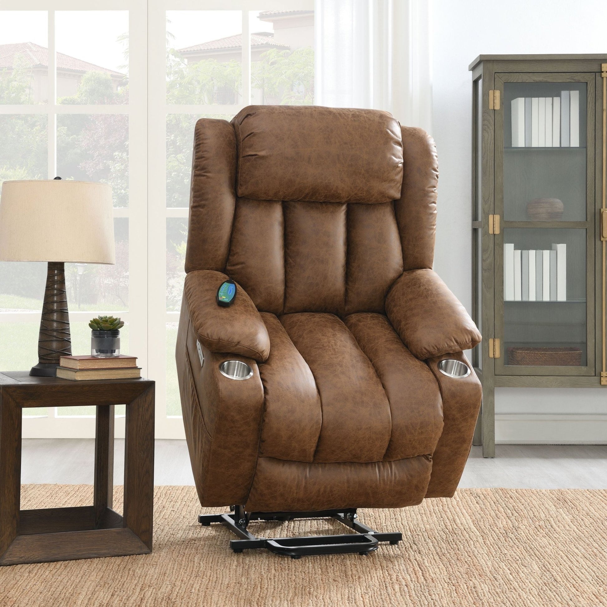 Brown Leather Aire Power Recliner W/Lift & Heating & Massage - 1st Choice Furniture Direct